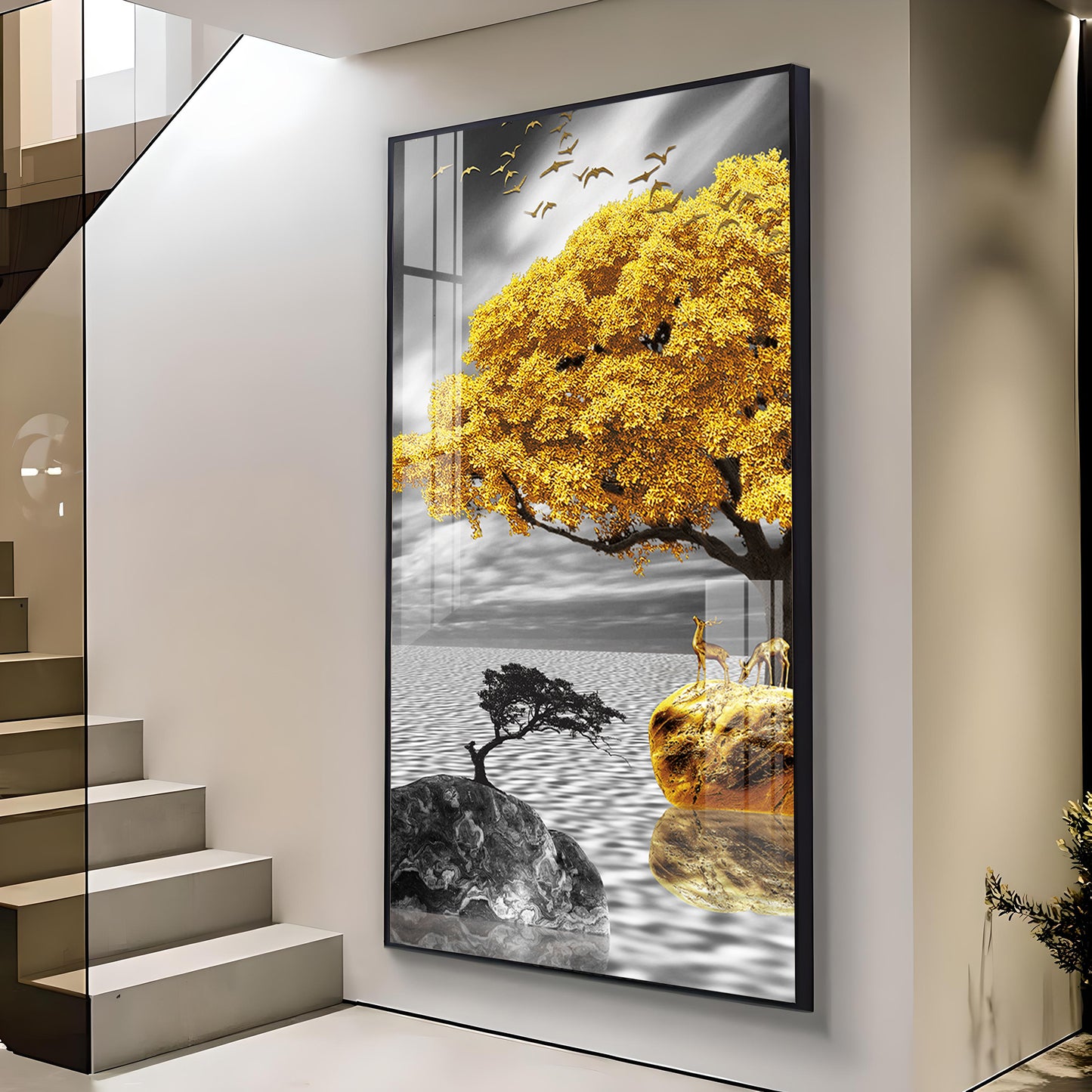 Golden Tree Oasis Glass Finish Vertical Wall Art