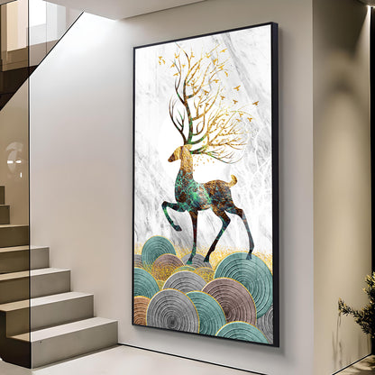 Deer and Its Branches Glass Finish Vertical Wall Art