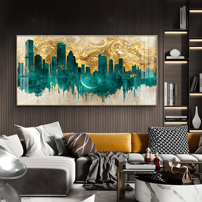 Golden Urban Vista Glass Finish Horizontal Wall Art