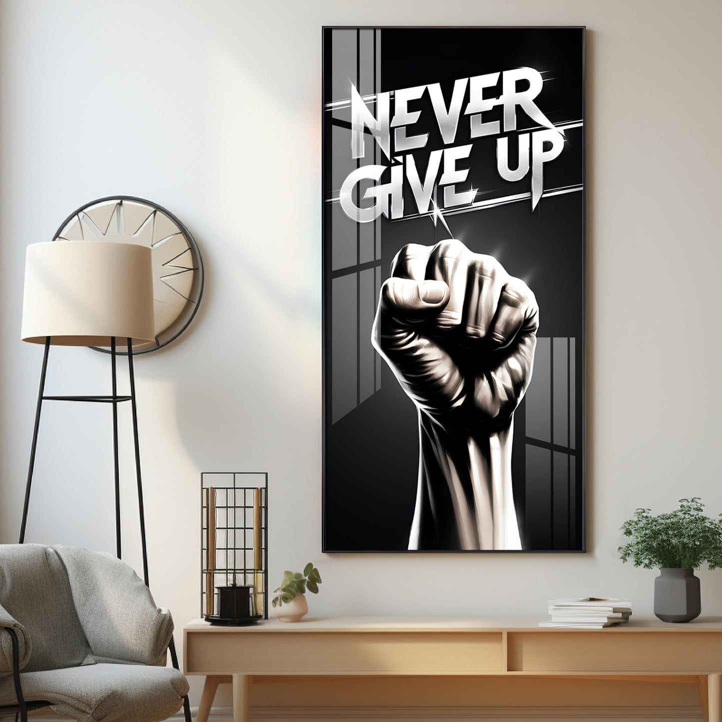 Never Give Up Motivational Quote Glass Finish Vertical Wall Art