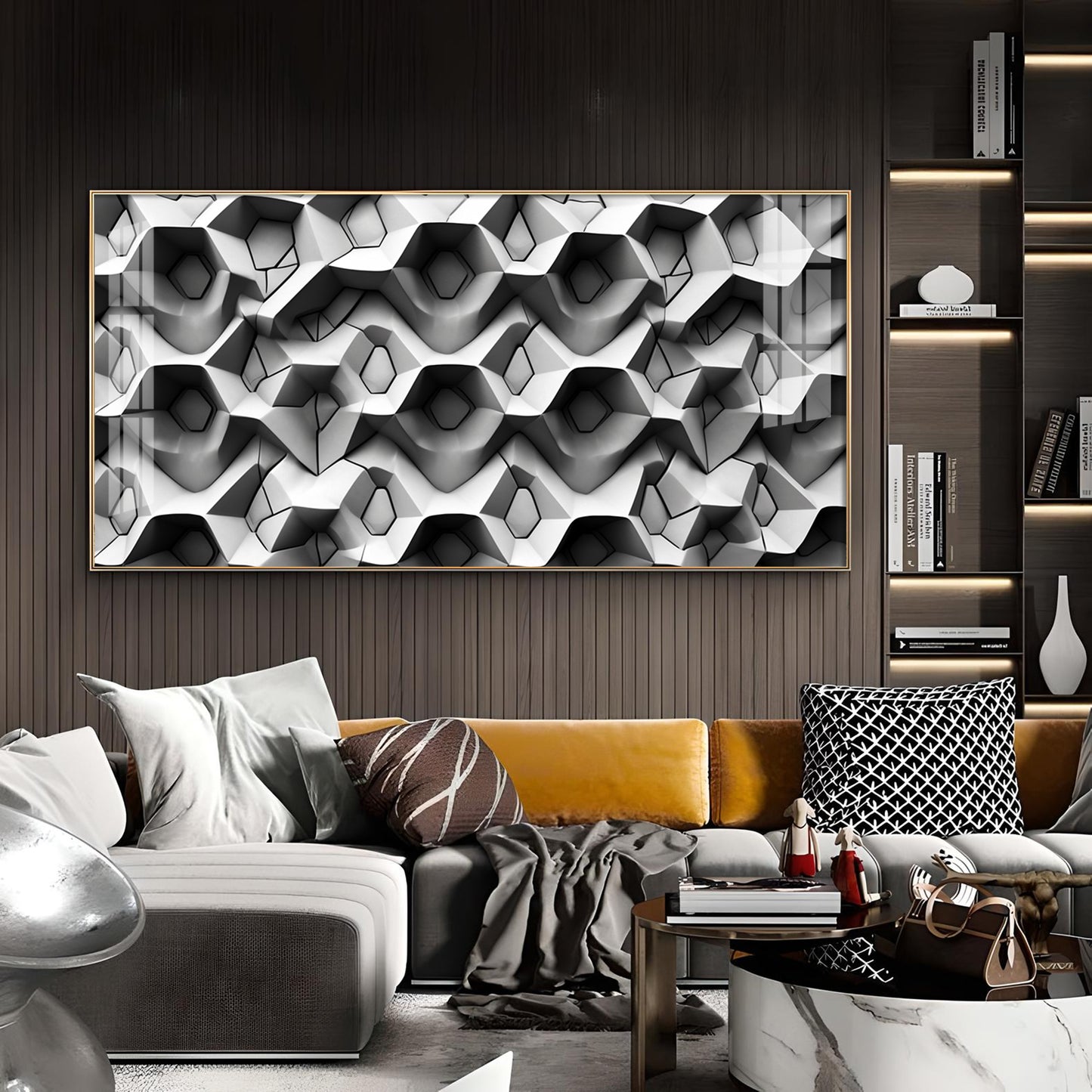 Beautiful Geometric Gray Background Glass Finish Horizontal Wall Art