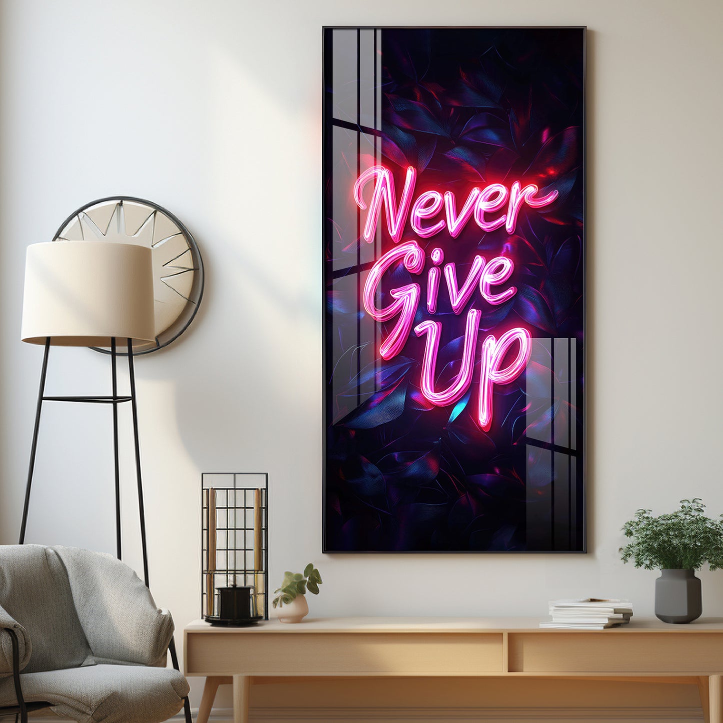 Never Give Up motivational Glass Finish Vertical Wall Art