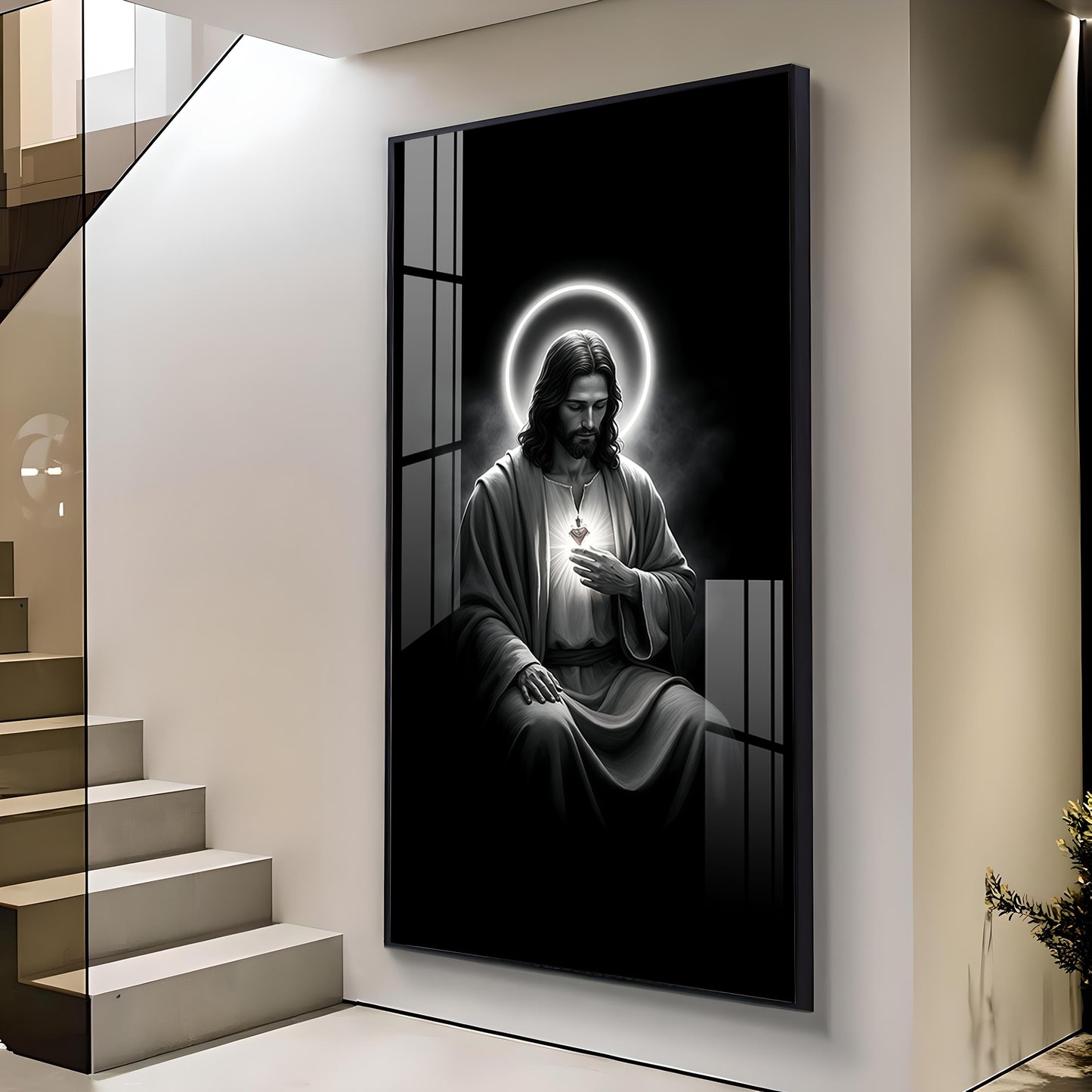 Jesus Black and White Glass Finish vertical Wall Art