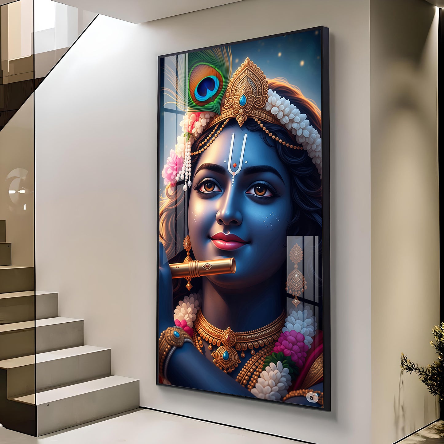 Krishna Flute Glass Finish Vertical Wall Art