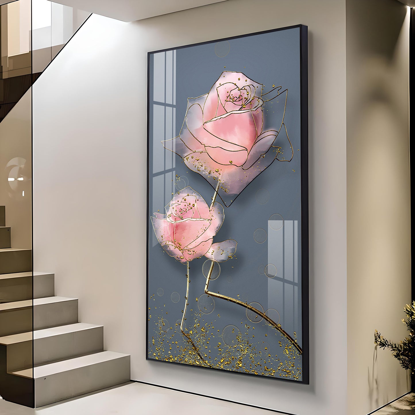 Floral Elegance Glass Finish Vertical Wall Art