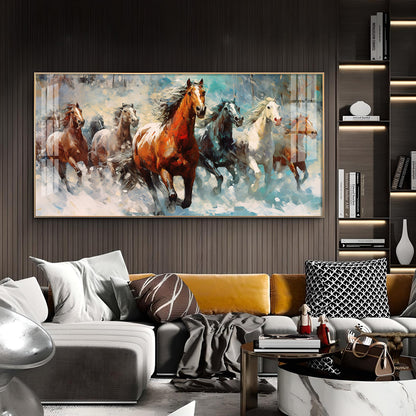 Running Horses Vastu Glass Finish Horizontal Wall Art