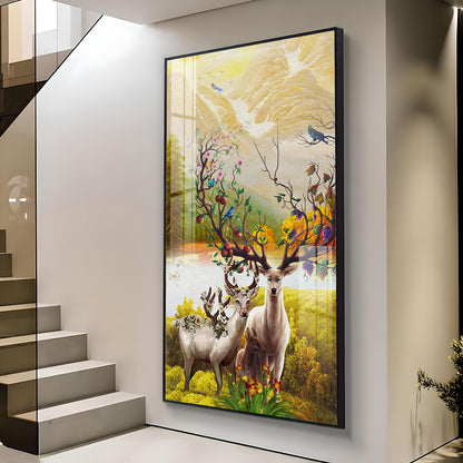 Portrait of Deer and Blossoms Glass Finish Vertical Wall Art