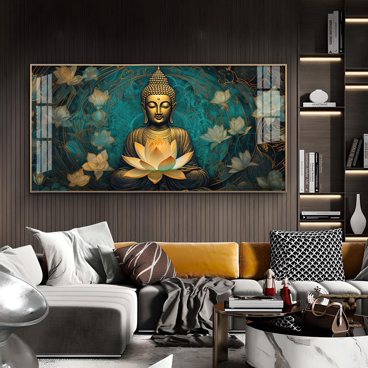 Golden Buddha With Lotus Glass Finish Horizontal Wall Art