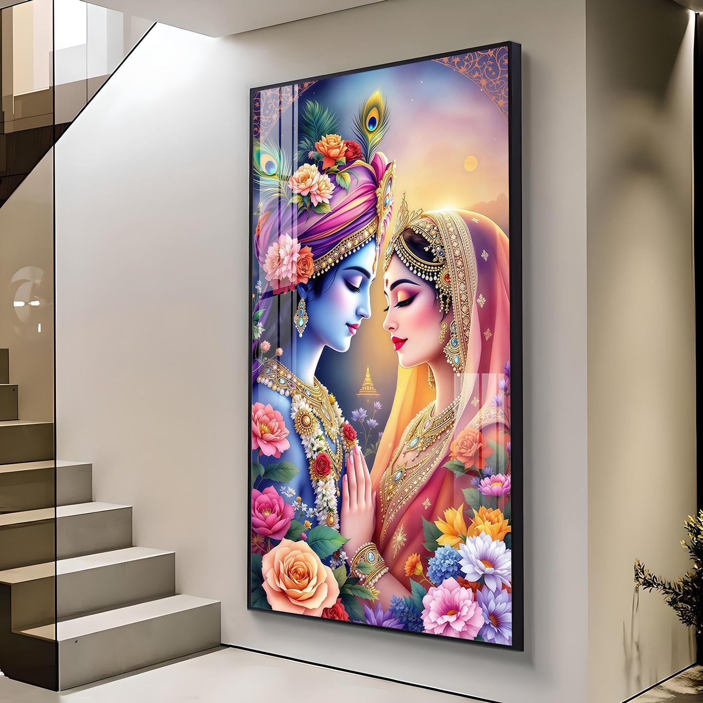 Divine Love Of Radha Krishna Glass Finish Vertical Wall Art