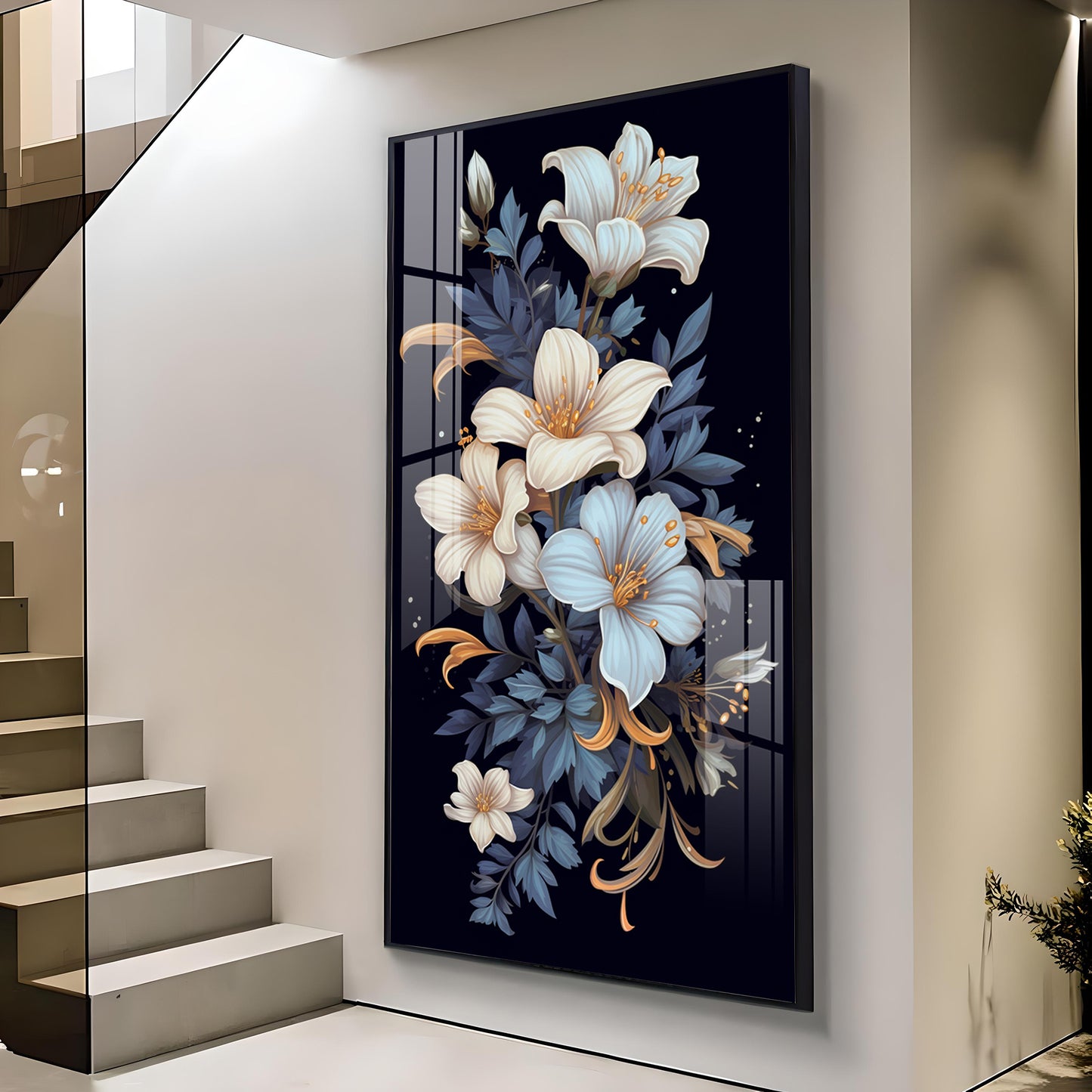 Obsidian Floral Glass Finish Vertical Wall Art