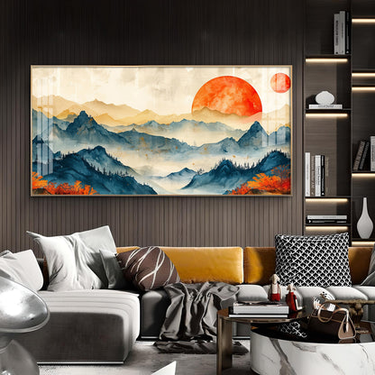 Sunrise In Mountains Glass Finish Horizontal Wall Art