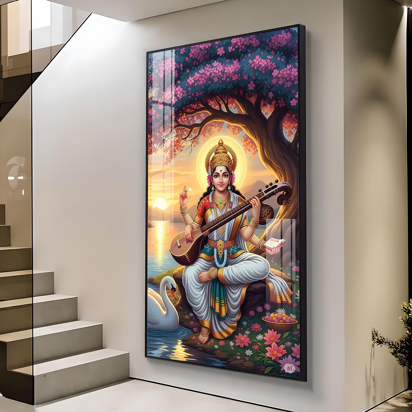 Goddess Saraswati Glass Finish Vertical Wall Art