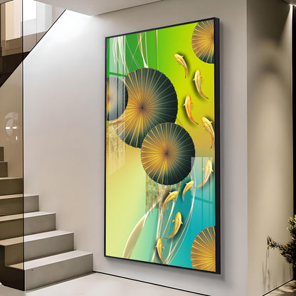 Emerald Oasis Koi Glass Finish Vertical Wall Art