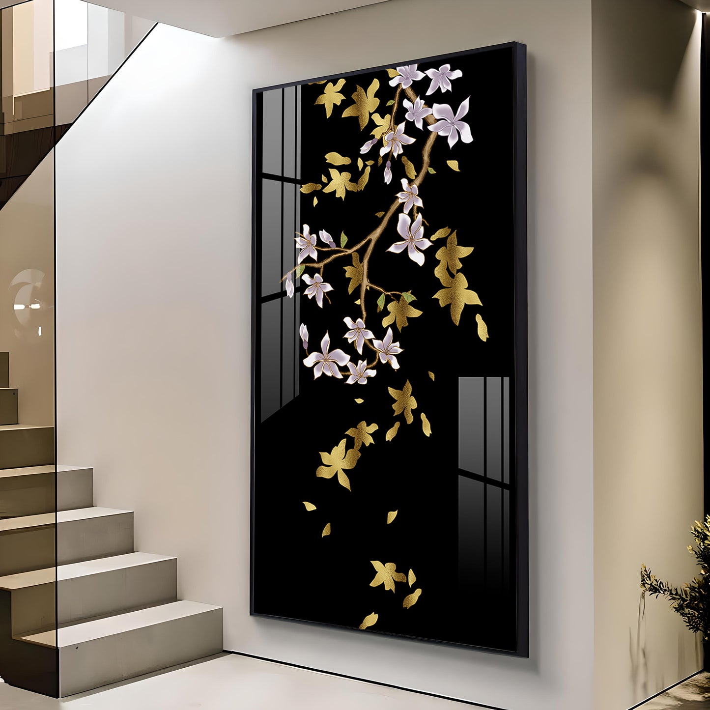 Ivory Bloom Glass Finish Vertical Wall Art