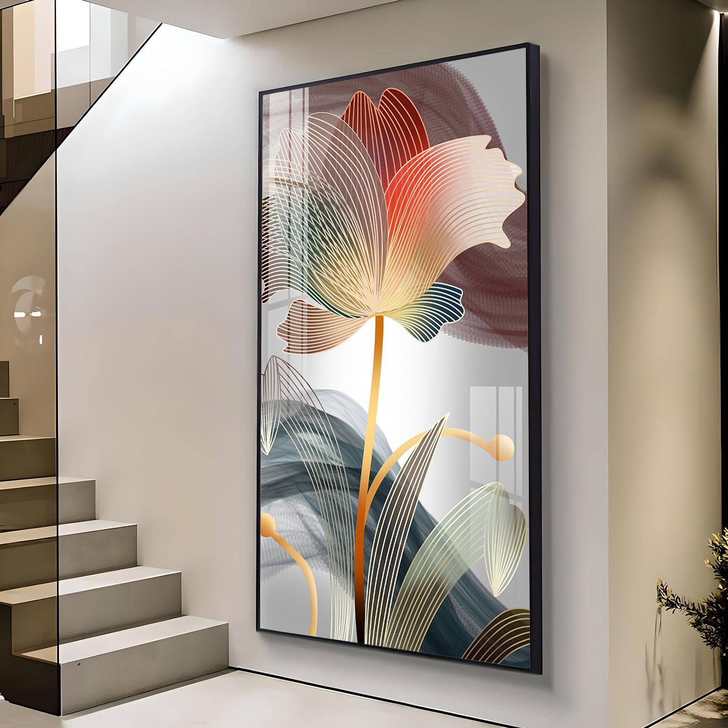 Floral Wave Glass Finish Vertical Wall Art