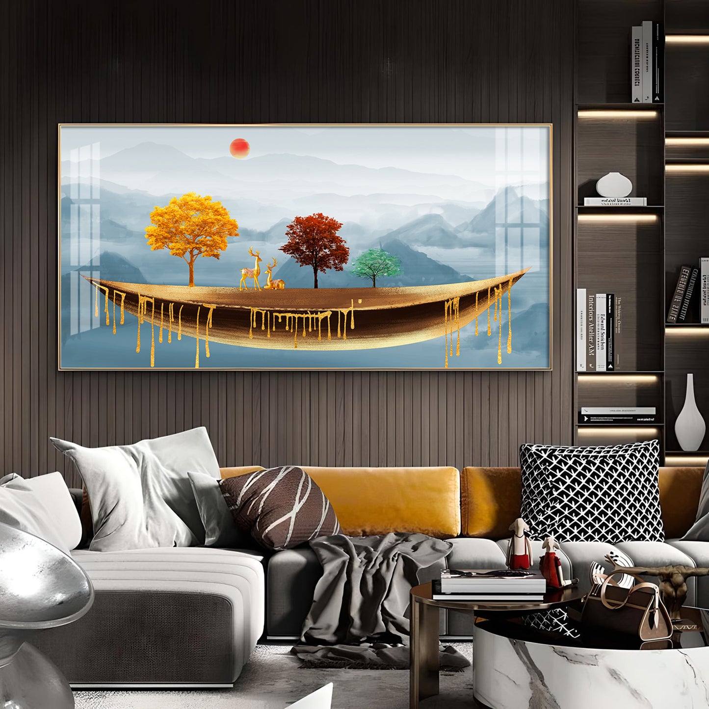 Golden Abstract Landscape Art Colored Line Tree Glass Finish Horizontal Wall Art