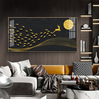 Fish Deer And Moon Glass Finish Horizontal Wall Art