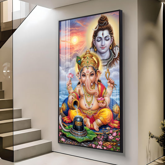 Lord Shiva and Ganesh Glass Finish Vertical Wall Art