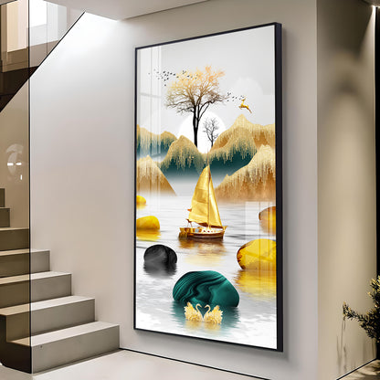 Lakeside Elegance Glass Finish Vertical Wall Art