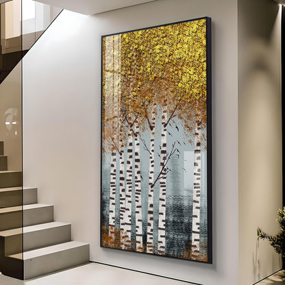 Autumnal Birch Reverie Glass Finish Vertical Wall Art