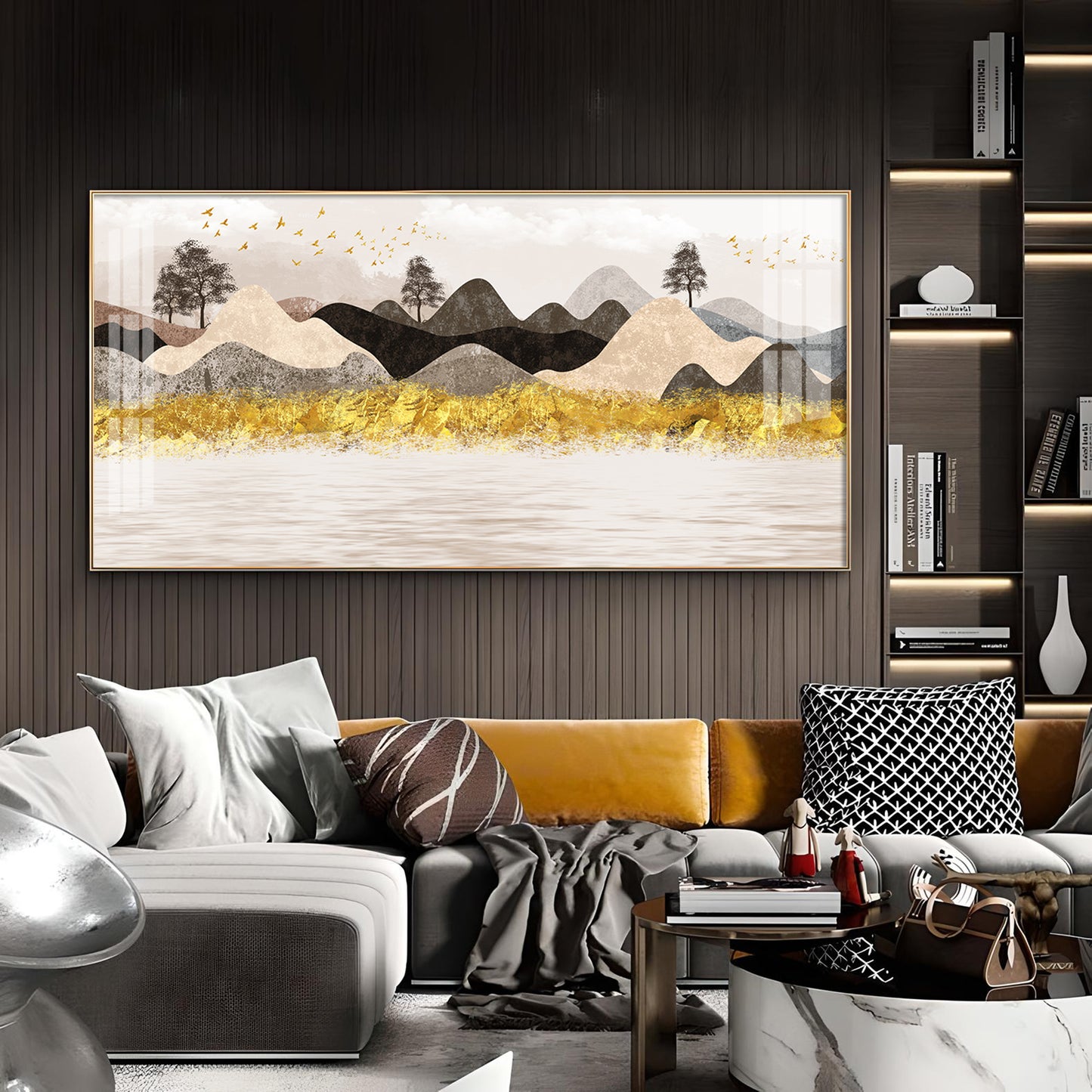 Colorful Golden Mountain Glass Finish Horizontal Wall Art