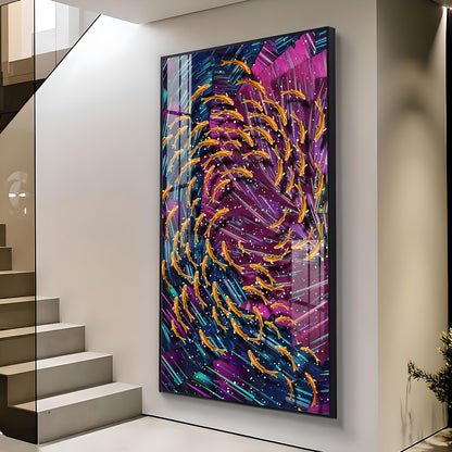 Chromatic Fish Dance Glass Finish Vertical Wall Art