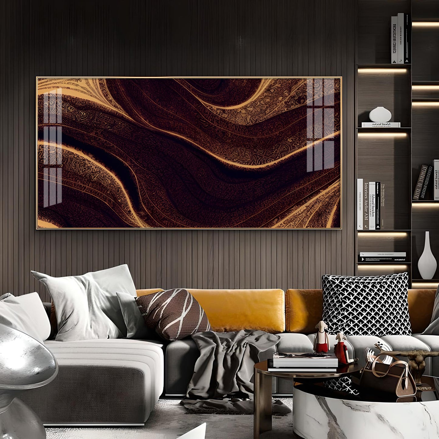 Golden Rhythm Wave Glass Finish Horizontal Wall Art