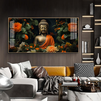 Luminous Buddha With Flower Glass Finish Horizontal Wall Art