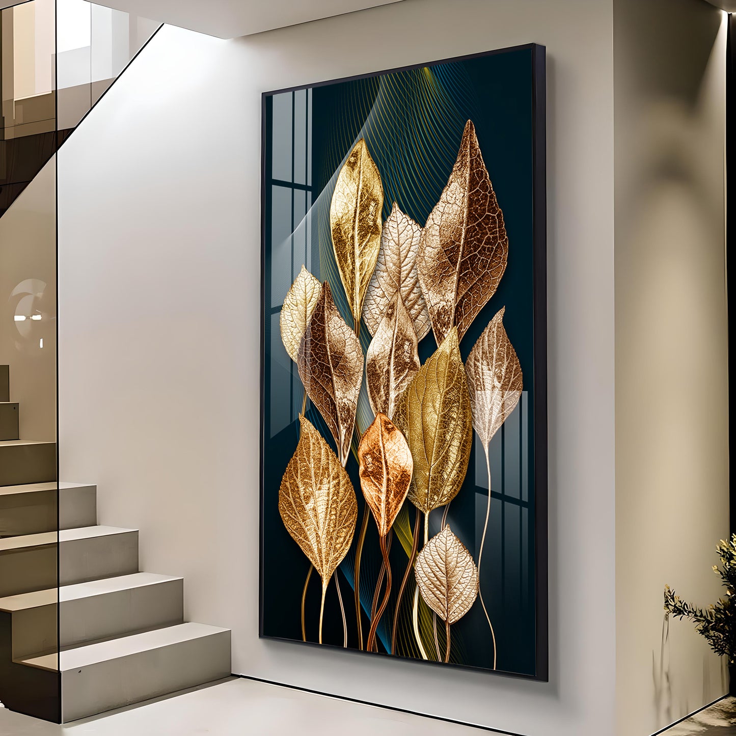 Golden Leafy Luxe Glass Finish Vertical Wall Art