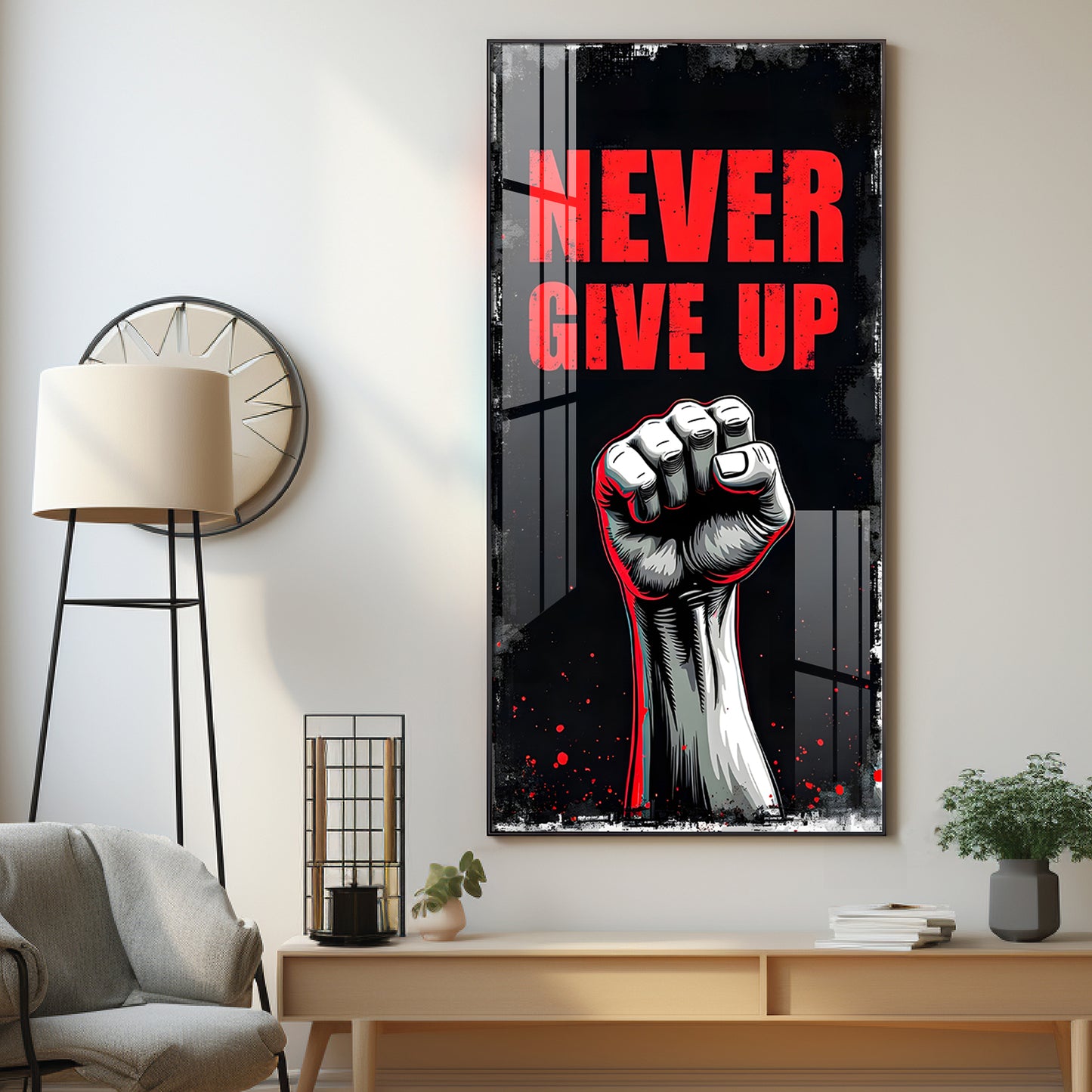 Never Give Up Glass Finish Vertical Wall Art
