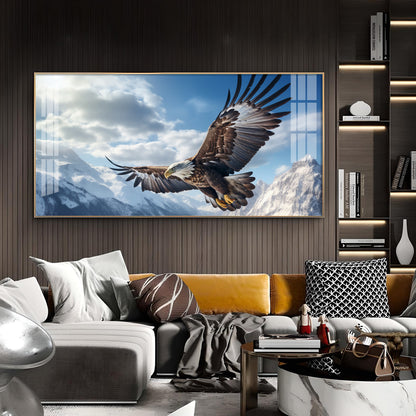 Eagle Flying Over Mountains Glass Finish Horizontal Wall Art