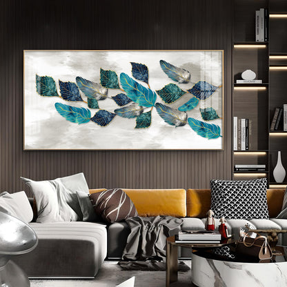 Turquoise Greay Leaves Glass Finish Horizontal Wall Art