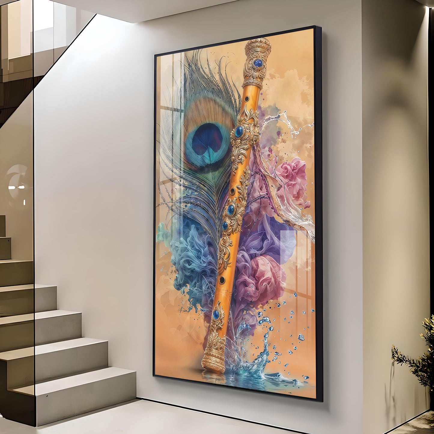 Peacock Feather With Flute Glass Finish Vertical wall Art