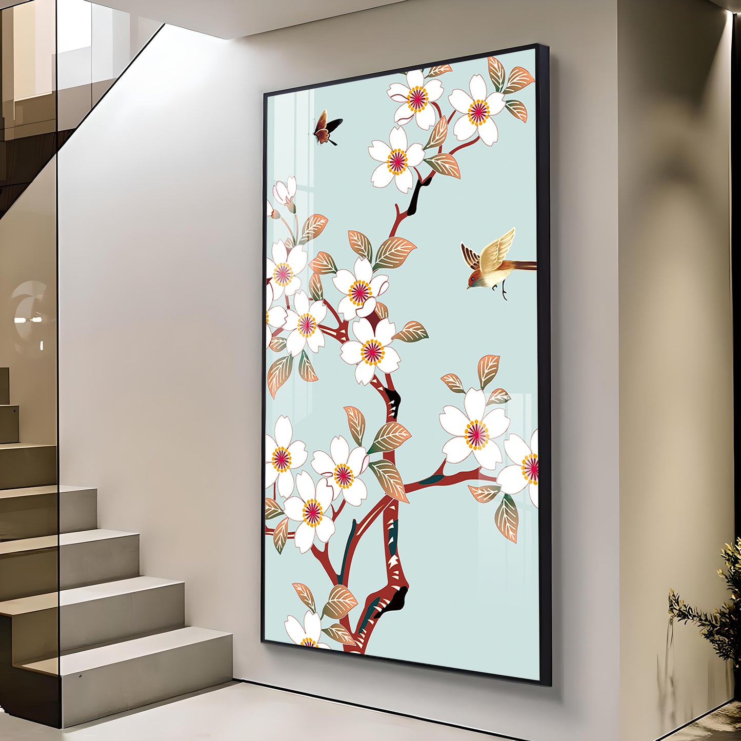 Avian Blossom Glass Finish Vertical Wall Art