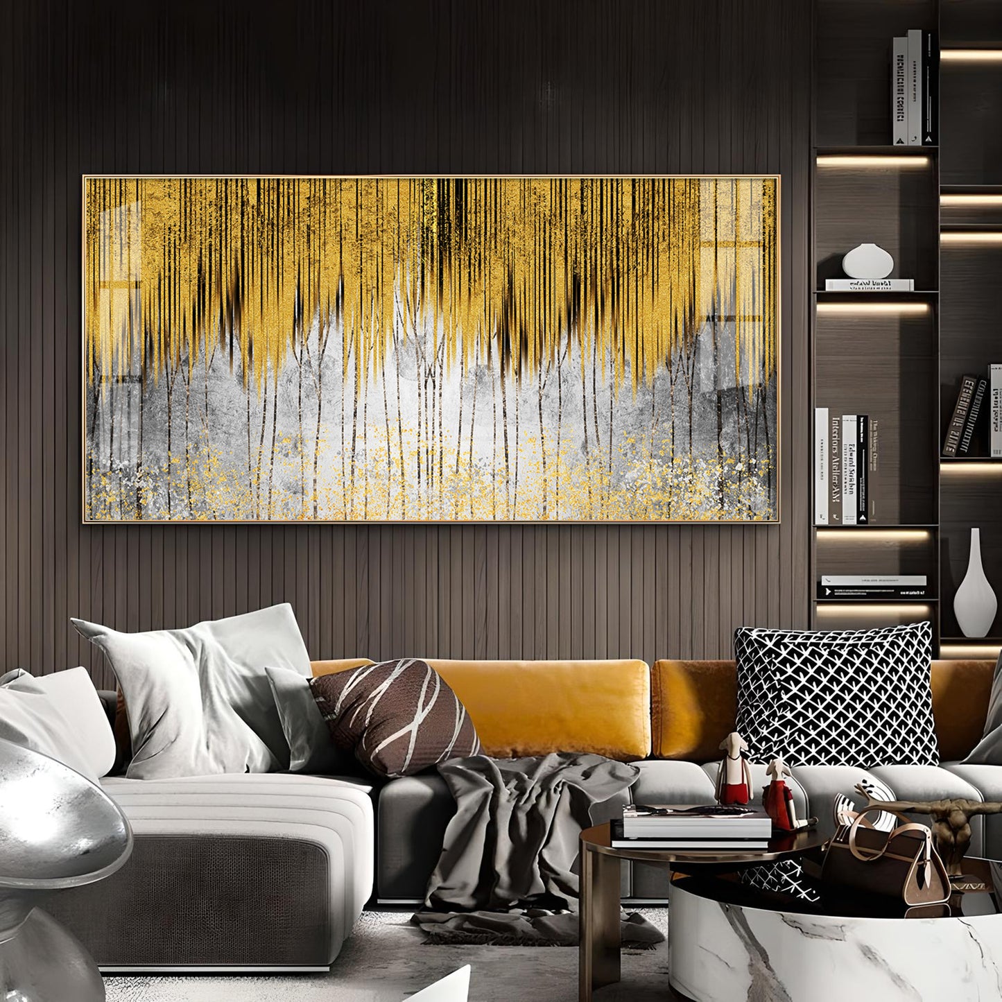 Functional Golden Line Glass Finish Horizontal Wall Art