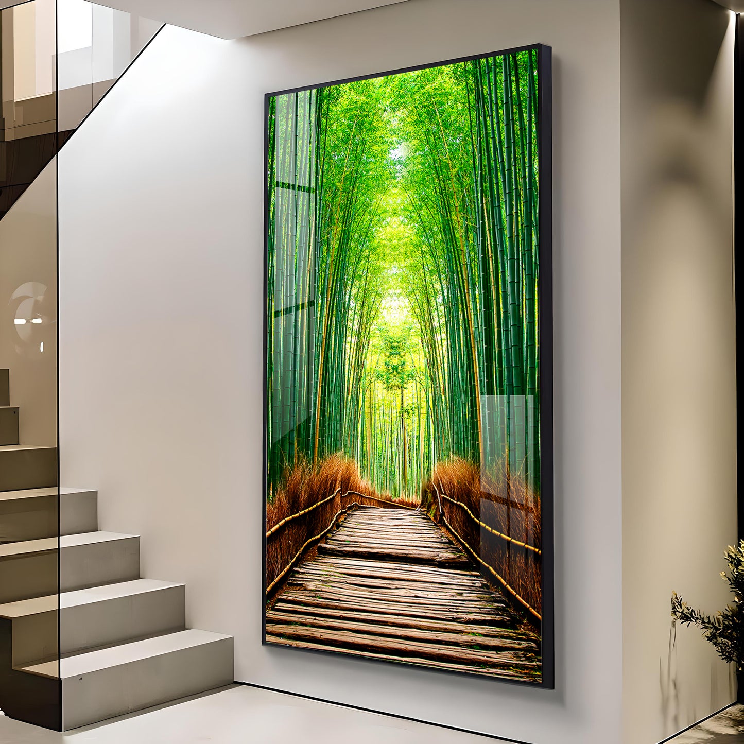 Harmony in Bamboo Trails Glass Finish Vertical Wall Art