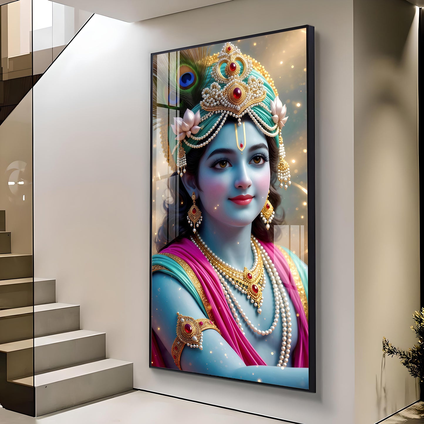 Lord Jai Shri Krishna Glass Finish Vertical Wall Art