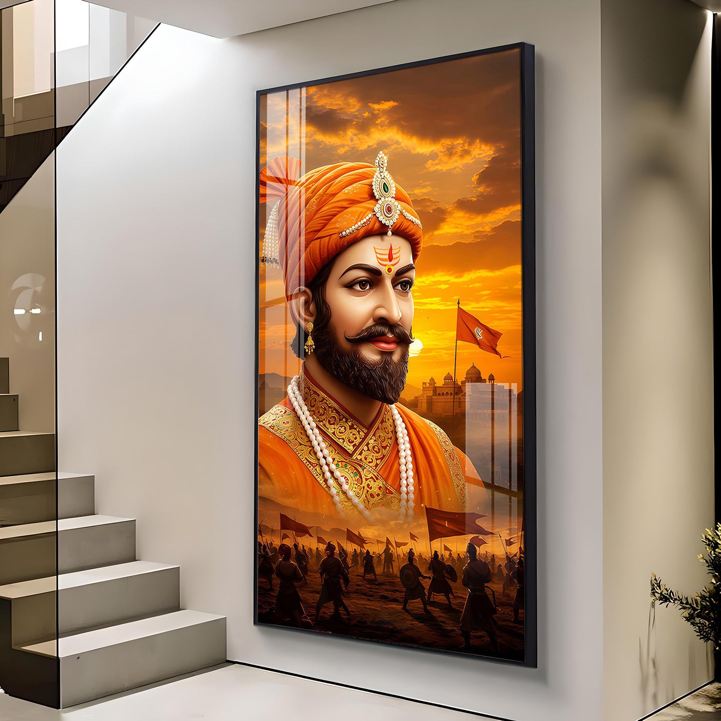 Shivaji Maharaj Glass Finish Vertical Wall Art