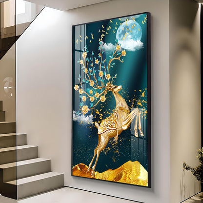 Golden Antlers and Blossoms Glass Finish Vertical Wall Art