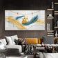 Golden Blue Feathers Glass Finish Horizontal Wall Art