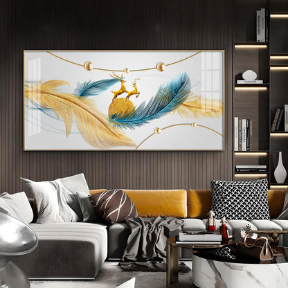 Golden Blue Feathers Glass Finish Horizontal Wall Art