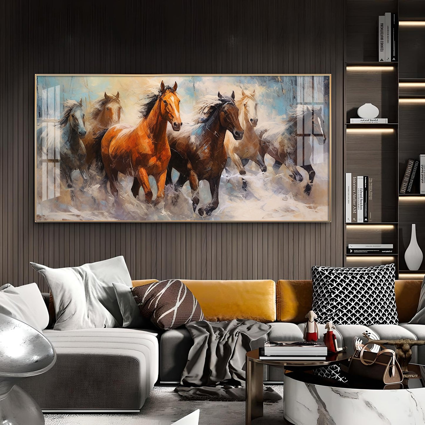 Jungle Running Horses Vastu Glass Finish Horizontal Wall Art