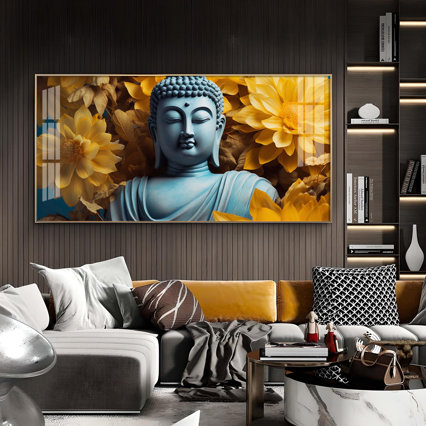 Majestic Buddha With Flower Glass Finish Horizontal Wall Art