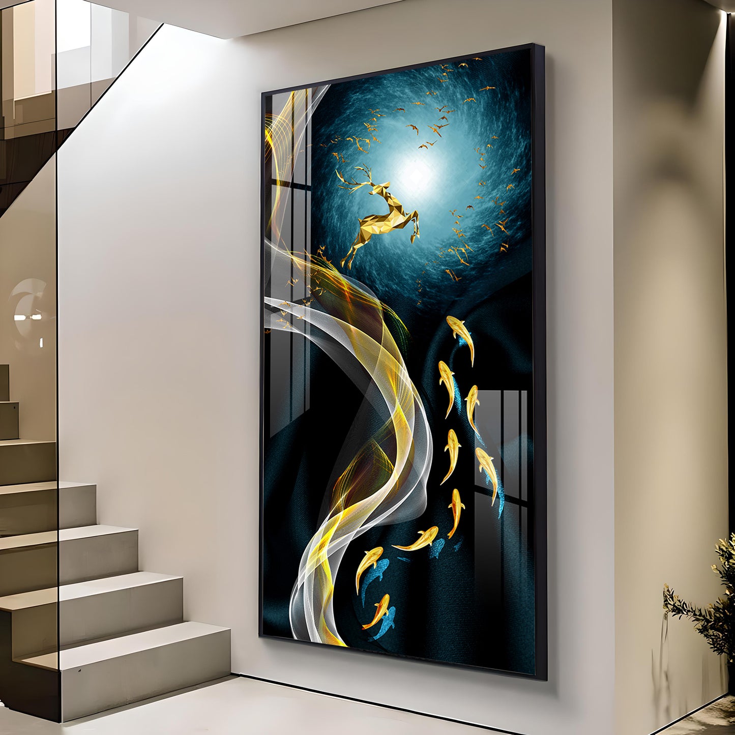 The Golden Swim Glass Finish Vertical Wall Art