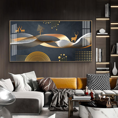 Night Landscape With Golden Deer Glass Finish Horizontal Wall Art