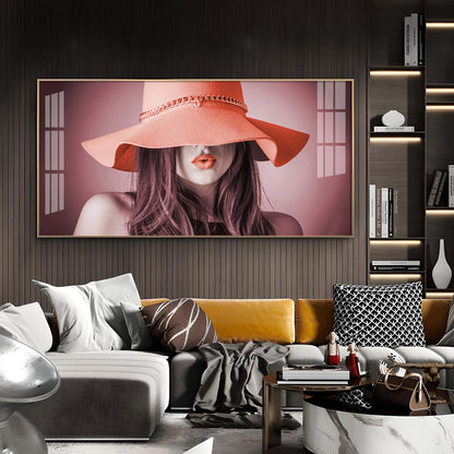 Modern Lady With Hat Glass Finish Horizontal Wall Art