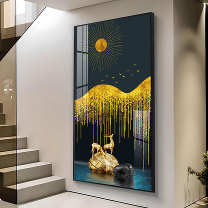 Golden Deer Essence Glass Finish Vertical Wall Art