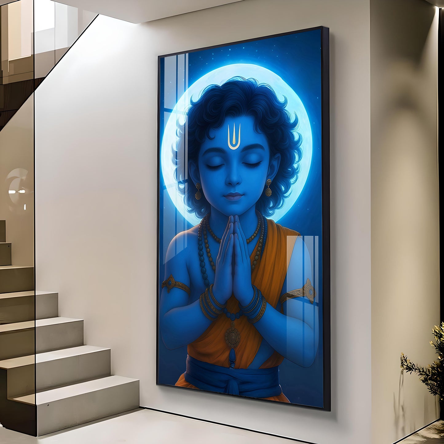 Praying Little krishna Glass Finish vertical Wall Art