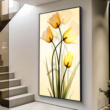 Radiant Yellow Tulips Glass Finish Vertical Wall Art