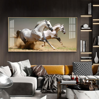 Satin Matt Running Horses Glass Finish Horizontal Wall Art